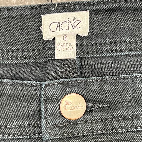 Cache Y2K Low-Rise Bootcut Jeans Sz 8 Black Cropped Wide-Leg Bling Pockets FADED - Picture 3 of 15